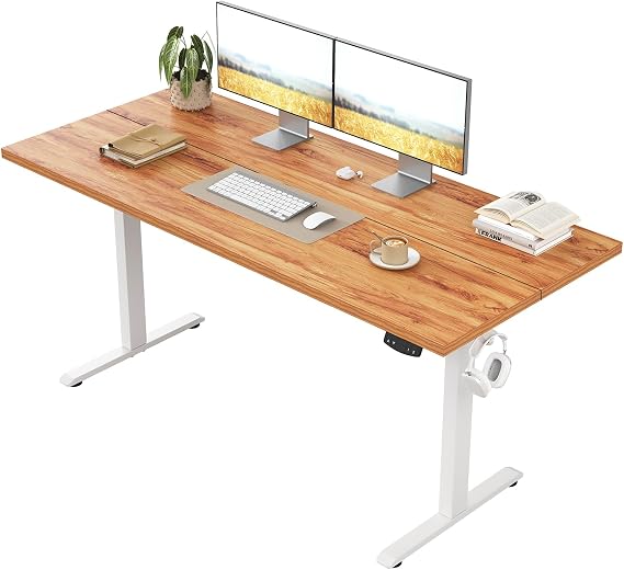 Klicelor Height-adjustable desk 100 x 60 cm with 2 storage spaces Electric Desk Standing Desk with Collision Protection 70 kg Load Capacity Computer Desk Home Office Light Brown