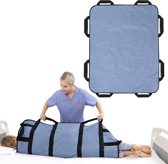 NIHAO Draw Sheet with Handles Positioning Bed Pad Washable 43" x 36" Multipurpose Patient Transfer Sheet for Bedridden Lifting Turning Sliding, Blue Gray