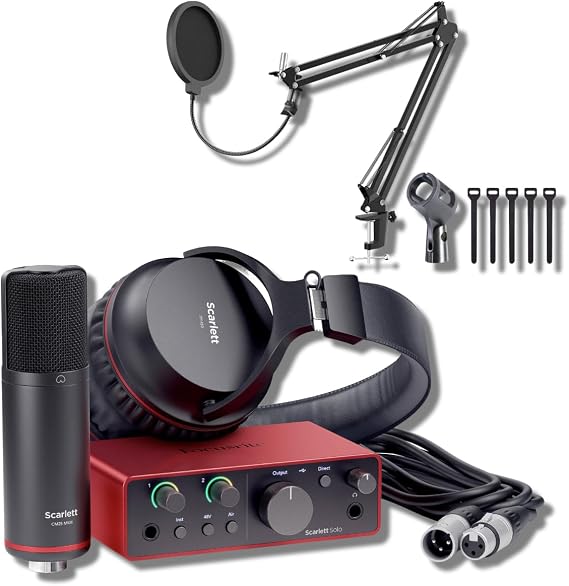 Focusrite Scarlett Solo Studio 4th Gen USB Audio Interface Desktop Bundle with CM25 MkIII Mic, SH-450 Headphones, StreamEye Boom Arm, and Pop Filter 24-Bit/192kHz, Air Mode, Auto Gain