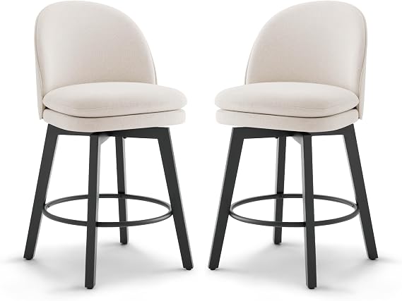 KISLOT Counter Height Barstools 26 inch Upholstered Swivel Bar Stools with Back for Kitchen Island,Set of 2,Beige Fabric-Armless