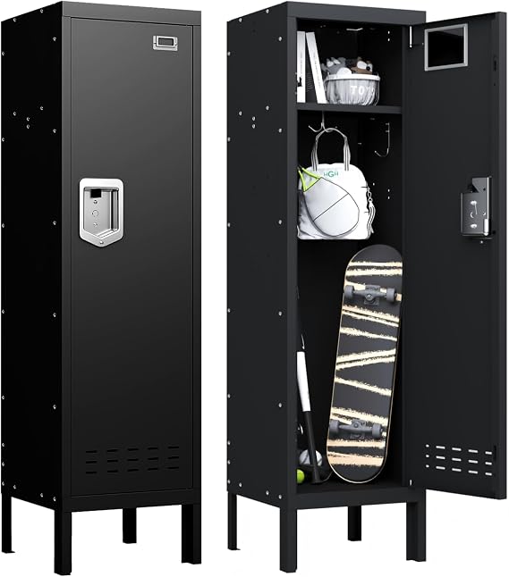 54" Lockable Metal Storage Locker with Card Slot (15" W x 15" D) - Durable Steel Cabinet for Kids & Staff, Fits Bedroom, Gym, School & Office (Black, 54" - 1 Door)