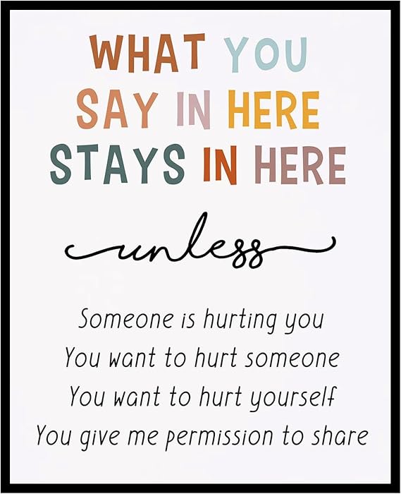 What You Say Stays In Here Classroom Signs, Therapy Office Decor for Counselors & Psychologists, Safe Space Poster for School Counseling Room & Classroom, Mental Health Wall Art, Unframed 11x14 Inch