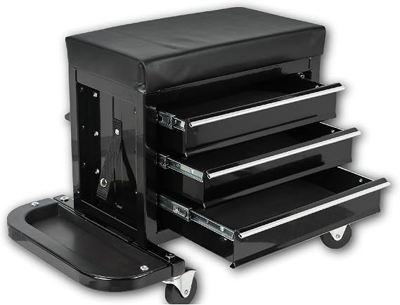 Tool Box Rolling Tool Cabinet, 350lbs Capacity Garage Tool Chest with 2 Foldable Tool Trays, Organizer and Storage Glider Rolling Tool Chest with 3 Drawer Unit, Mechanic Seat, Black