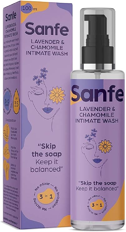 Sanfe Natural Intimate Wash, 3 in 1 - No Odour, No Itching, No Irritation - Lavender & Chamomile (100ml)