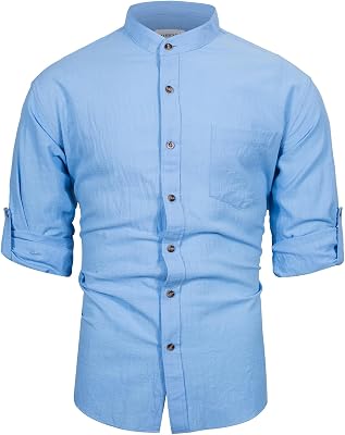 Mens Long Sleeve Cotton Linen Shirt Button Down Beach Band Collar Casual Shirt Button Up Summer Shirt Tops with Pocket