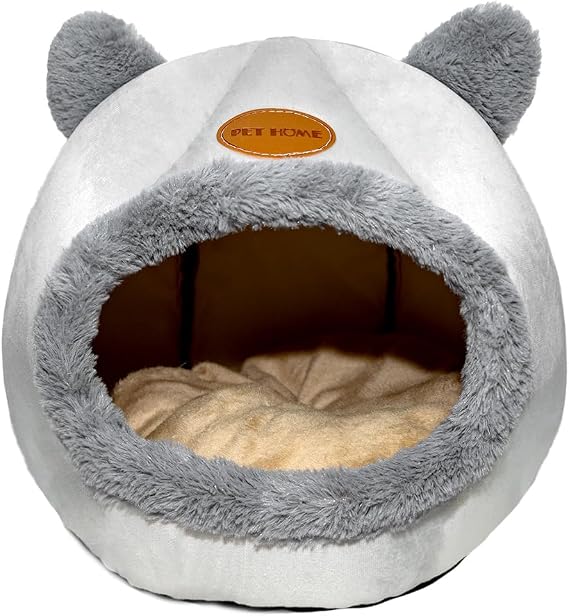 Cat Bed Cave, Foldable Cat House Semi-Enclosed Kitten Bed with a Removable Mat& Non-slip Bottom, Velvet Kitten Nest Bed Cat Tents For Indoor Kittens (Head, Medium)