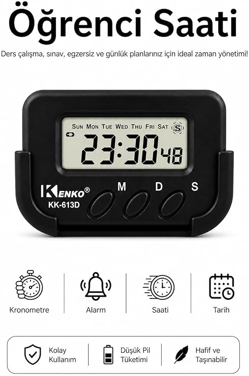 Kenko KK-613D Dijital Saat, Kronometre ve Alarm Fonksiyonlu, Siyah, ABS Plastik, Araç İçi ve Masaüstü Kullanım, Pomodoro Timer, LCD Ekranlı