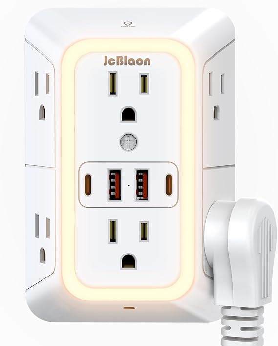 Wall Outlet Extender with Night Light, Power Plug Adapter Multi Plug Outlet Surge Protector with 4 USB Charging Ports (2 USB C), Adapter Spaced Outlets for Home Travel Office-ETL