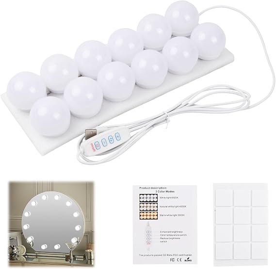 Vanity Mirror Lights Kits, 12 Bulbs Hollywood Style LED Makeup Lights with USB Cable, 3 Colour Changing & 9-Level Brightness, Make up Light for Dressing Table Room, Bathroom [Energy Class E]