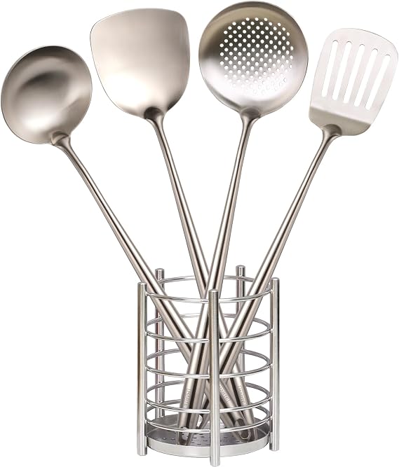 MARTE Kitchen Cooking Utensils Set, 5 Pcs Stainless Steel Cooking Kitchen Utensils Spatula Set with Holder, Heat-Resistant Spatula and Ladle Skimmer Turner Tool Set,Dishwasher Safe & BPA Free