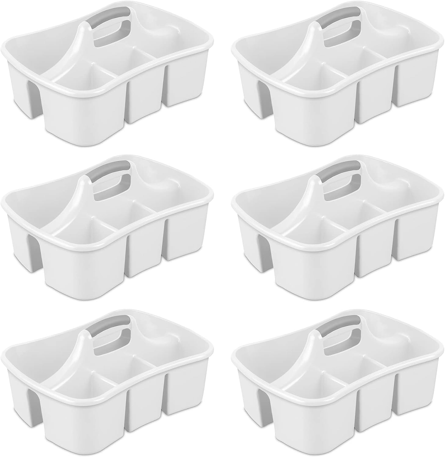 Sterilite 6 Pack Divided Ultra Caddy, Plastic Portable Storage to Hold Bathroom and Cleaning Supplies, White - 5 Large Compartment Organizer