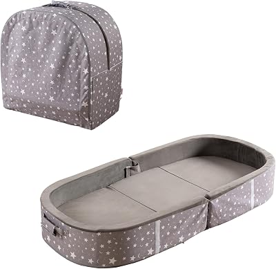 BYBYME Portable Toddler Travel Bed - Waterproof Foldable Floor Crib with Washable Fitted Sheet - Ideal Folding Toddler Cots for Sleeping and Sleepovers Dark Grey