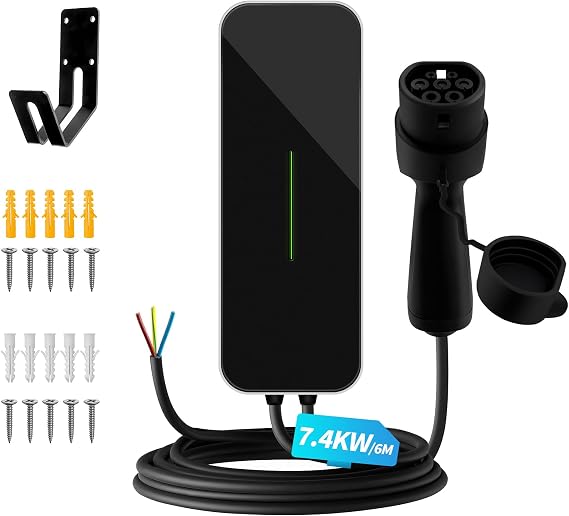 EV Ladegerät Typ 2 32A 1-Phasen 7kW Heim Elektroauto Ladestation Wallbox 6M Ladekabel für alle Elektrofahrzeuge & Plug-in-Hybrid-Autos