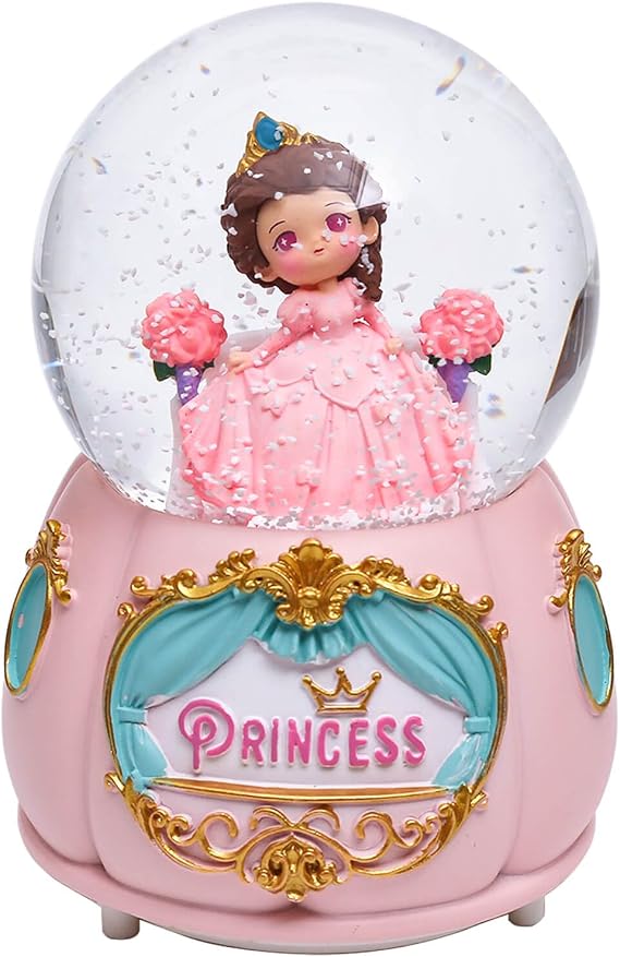 Snow Globe with Light for Christmas & Birthday Gift, 80mm Crystal Musical Glitter Glass Water Ball Decoration, Princess - Pink Snowglobe, 3.5" x 3.5" x 5"