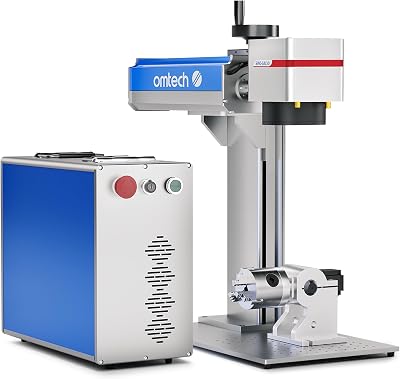OMTech 20W Fiber Laser Engraver with Rotary Axis, LightBurn Compatible Laser Engraving Machine with Red Dot Pointer, 4.3x4.3 Solid State Laser Marking Etching Machine for Metal Steel Gold Jewelry More
