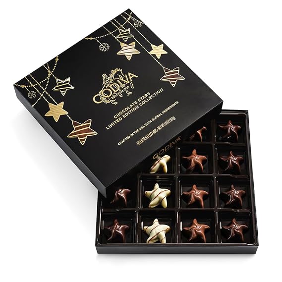 Godiva Holiday Stars Collection Gift Box, Festive Star-Shaped Chocolates with Ganache, Caramel & Raspberry Filling, Limited Edition Holiday Assortment, 16 Pc
