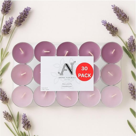 Aroma Naturals London Scented Tealight Candles Bag | 4 Hour Burn Time | Standard Size D3.77 x H1.45cm | Three Tone Coloured Wax & Aluminium Cups | Pack of 30 Tea Lights Scent (Lavender Sage)