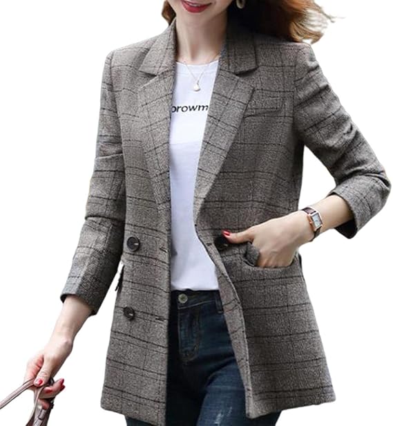 Women Classic Plaid Wool Blend Blazer Jacket Lapel 2 Button Oversize Boyfriend Work Office Suit Outerwear