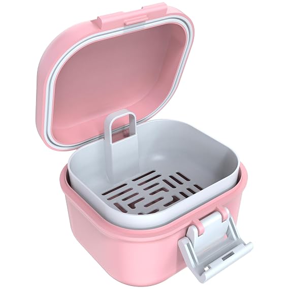 ARGOMAX Leak Proof Denture Bath Cup with Strainer, Pink White