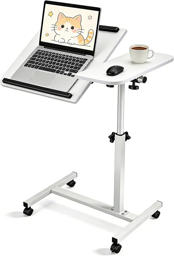 Height Adjustable Bedside Table on Wheels (50-80cm), Mobile Laptop Desk with Tiltable Top, Rolling Computer Stand for Sofa/Bed, Portable Standing Desk (White)