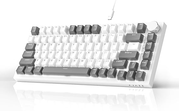 AJAZZ AK820 Mechanical Keyboard, 75% Hot Swappable Wired Keyboard with Volume Control Knob, QWERTY Layout, PBT Keycaps, Five-Layer Sound Insulation Pad, 82-Key Gaming Keyboard, Grey White