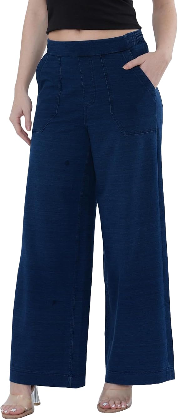 EX M&S Womens Elasticated High Waist Wide Leg Denim Trousers Soft Stretch Pull On Casual Pants