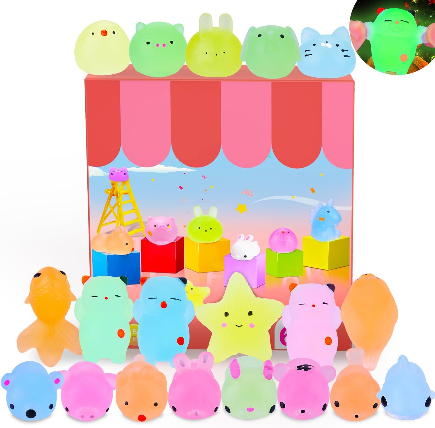 30Pcs Fluorescent Mochi Squishy Toys Glow In The Dark Squishies Luminous Squishies Mini Soft Land Marine Animal Squishy Glitter Super Squash Party Bag Filler Toys For Kids