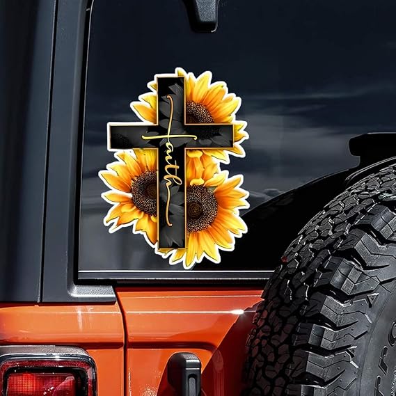 2pcs 4.33''x5.91'', Vibrant Sunflower and Cross Self-Adhesive Vinyl Decal, Used for Car Windows, Bumper, Laptops, Waterproof Exterior Car Accessories #2BZ200