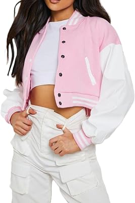 Jacketzone Womens Cropped Varsity Letterman Highschool Girls Ladies Bomber Jacket