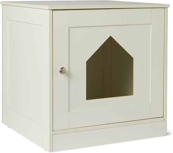 Amazon Basics Cat Litter Box Enclosure, Furniture-Style Cabinet with Drawer and Shelves, Hidden Cat Litter Box, White