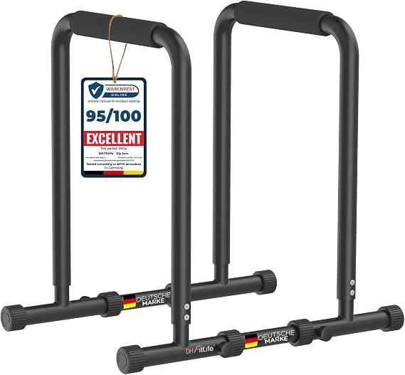 DH FitLife Adjustable Dip Bars 80-100cm | 3-Level Height | 200kg Heavy Duty | Dual Connection Stability | 1.5mm Thick Steel Tubing | Space-Saving Design | Dip Station for Calisthenics & Strength Training