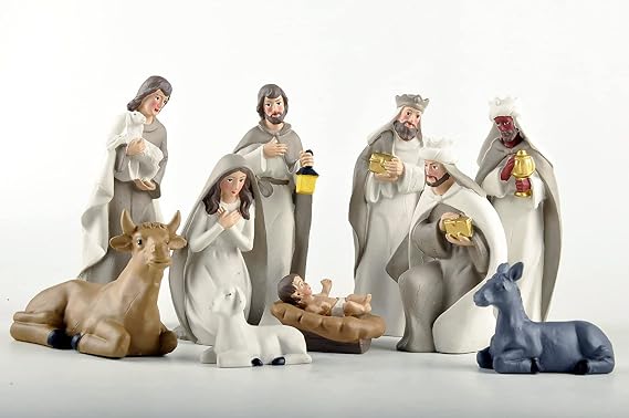 Nativity Set Small Figurines 10 Pcs, Christmas Scene Set - Including Baby Jesus, Maria, and Joseph - Christmas Decorations, Resin White.