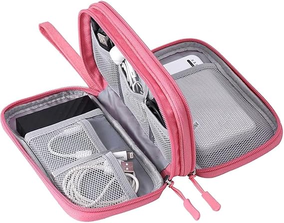 Electronics Accessories Organiser Bag, Double-Layer Cable Organiser Bag, Pink