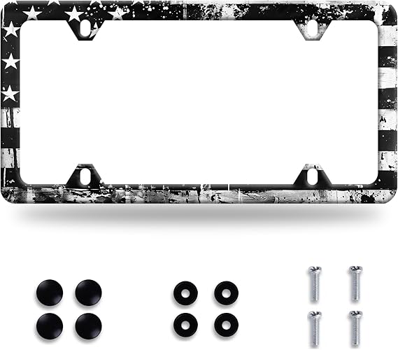 Black Grey American Flag License Plate Frame Stainless Steel License Holder | Colorful Car Decoration With Screws and Holes 6.3x12.2 Inch,Easy To Install,Smooth Edges,Durable,Auto Accessory For Women Men
