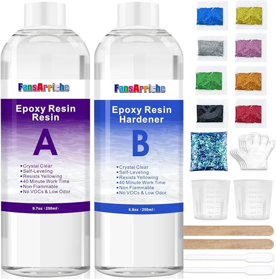 FansArriche Epoxidharz transparent 1: 1-Verhältnis; Kunstharz-Beschichtung kristallklar für Holz künstlerische Kreationen Restauration (500 ml)