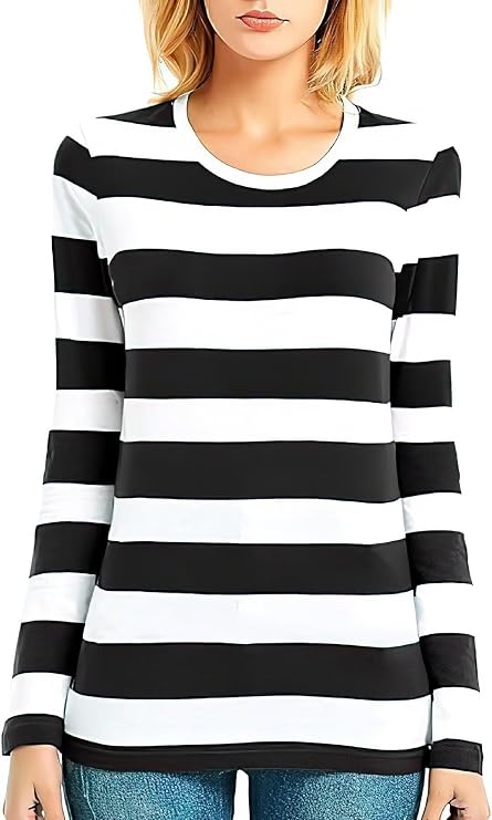 Long Sleeve T Shirt Women Striped Tee Crew Neck Wide Stripes Tops Casual