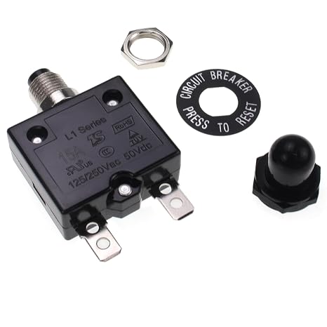 15A Manual Reset Thermal Circuit Breaker, 125-250V AC 50V DC, L1 Series, Push-Button, Black Cap, 15Amp, Widely Used in Household Appliances and Power Supplies