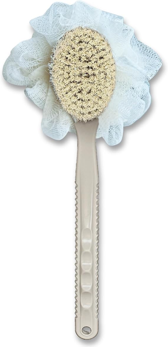 Back Scrubber for Shower- Mocha and White Multi-Functional Back Brush with Long Handle, Exfoliating Loofah and Bristle Brush, Neutral Bathroom Accessories