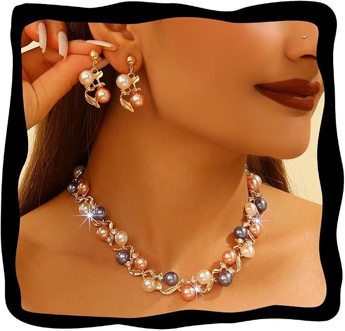 Gold Pearl Bridal Wedding Jewelry Set Rhinestone Necklace Earrings Sets Costume Jewelry for Women