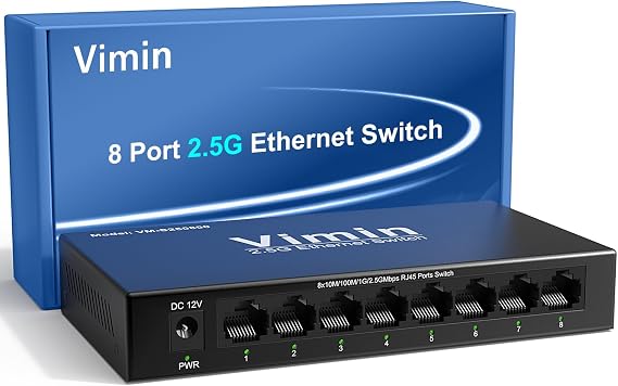 VIMIN 8-Port 2.5G Unmanaged Switch | Plug & Play, 8 x 10/100/1000/2500Mbps RJ45 Ports, Metal Housing, Desktop/Wall-Mount, for Home & Office Network