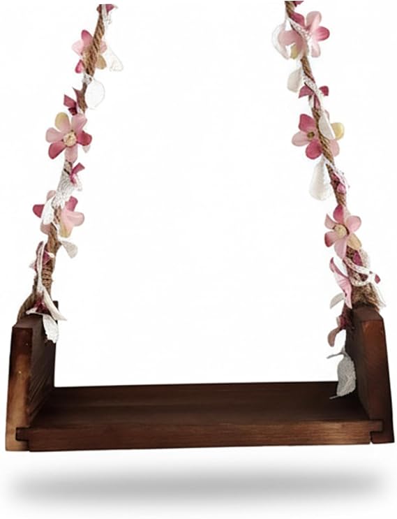Newborn Swing, Wooden Baby Swing for Photography - Macrame Hanging Seat with Floral Rope for Newborn Photo Props, Safe & Comfortable|Swings