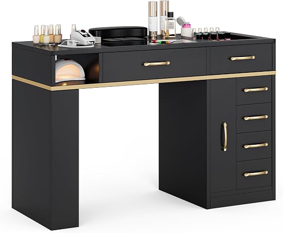 Paddie Manicure Table with Dust Collector, Glass Top Nail Tech Table Nail Desk Station w/7 Storage Drawers & 3-Tiers Open Shelves, Nail Beauty Workstation w/Wrist Cushion & Golden Handles(Black)