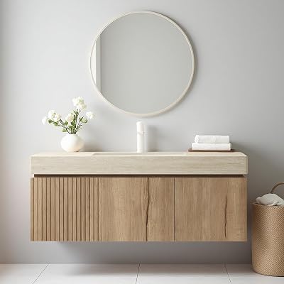 Ambrovina 48 inch Bathroom Vanity with Sink, Wall Mounted Bathroom Vanities with Drawer and 2 Doors, Roma Travertine-Pattern Countertop and Ceramic Basin, Pre-Assembled, Light Wooden Color