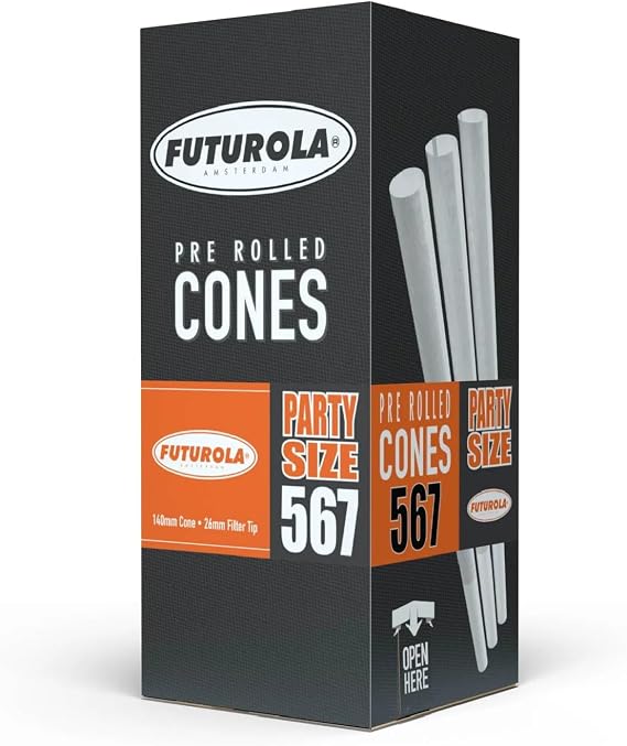Futurola Party Size Pre-Rolled Cones Classic White | 567 Cones Bulk Box | 140mm Length with 26mm Filter | Ultra-Thin French Rolling Papers Knockbox Compatible | 140mm Length with 26mm Filter | Ultra-Thin French Rolling Papers Knockbox Compatible