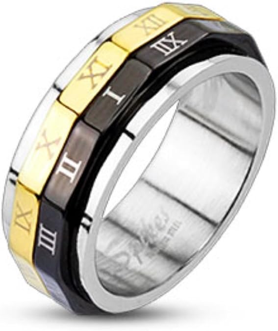 Black & Gold IP Roman Numeral Dual Spinner Ring 316L Stainless Steel