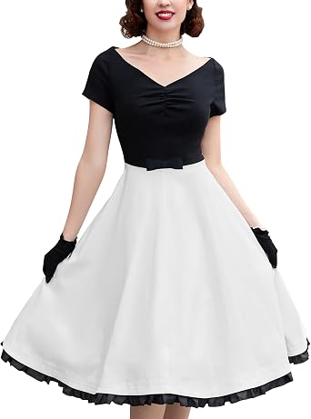 MU Women's Vintage Style Colorblock V Neck Cocktail Prom Big Swing Dresses