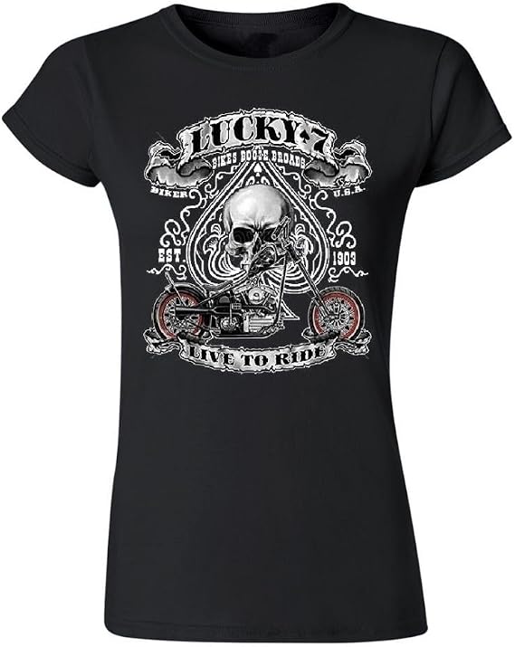 Lucky Motorcycle Womens T-Shirt, Spade Skull Chopper tee