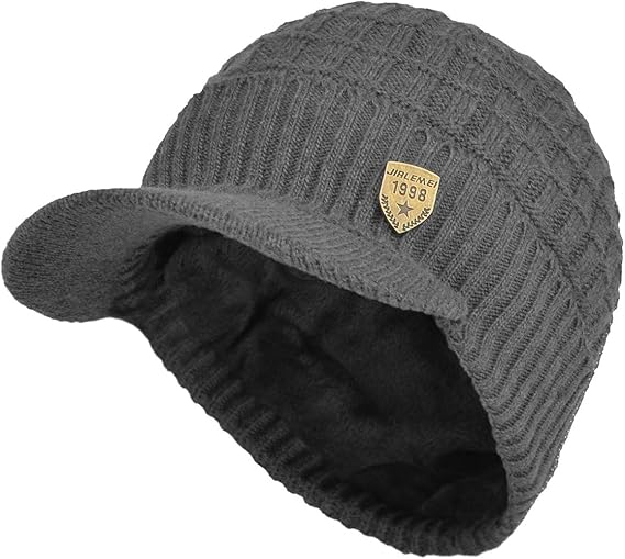 Men's Winter Hat with Peak Warm Knitted Beanie Cap with Fleece Lining