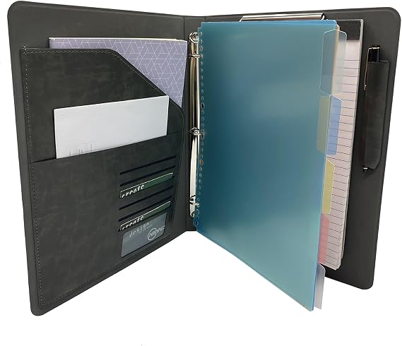 Binder Portfolio Organizer with Color File Folders, Business and Interview Padfolio with 3-Ring Binder, Clipboard