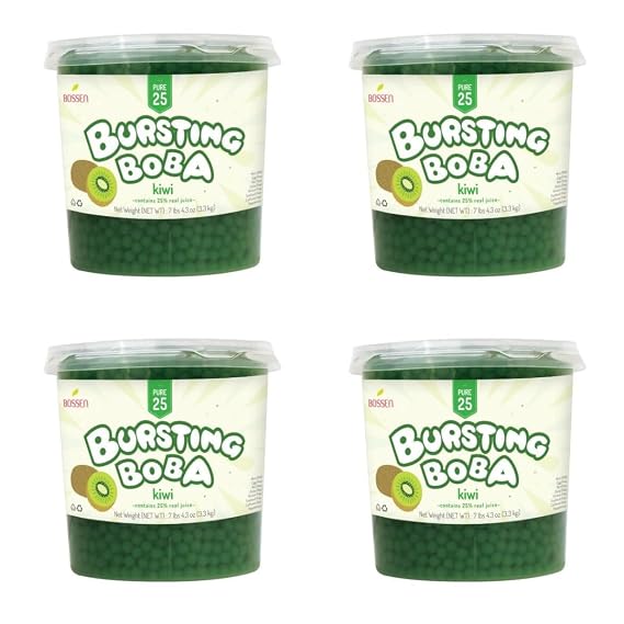 Bossen Bursting Boba Pure25 filled with a refreshing fruity liquid that creates a burst of flavor in your mouth Make in Taiwan 7.04 lb Each Pack (4 packs, Kiwi)